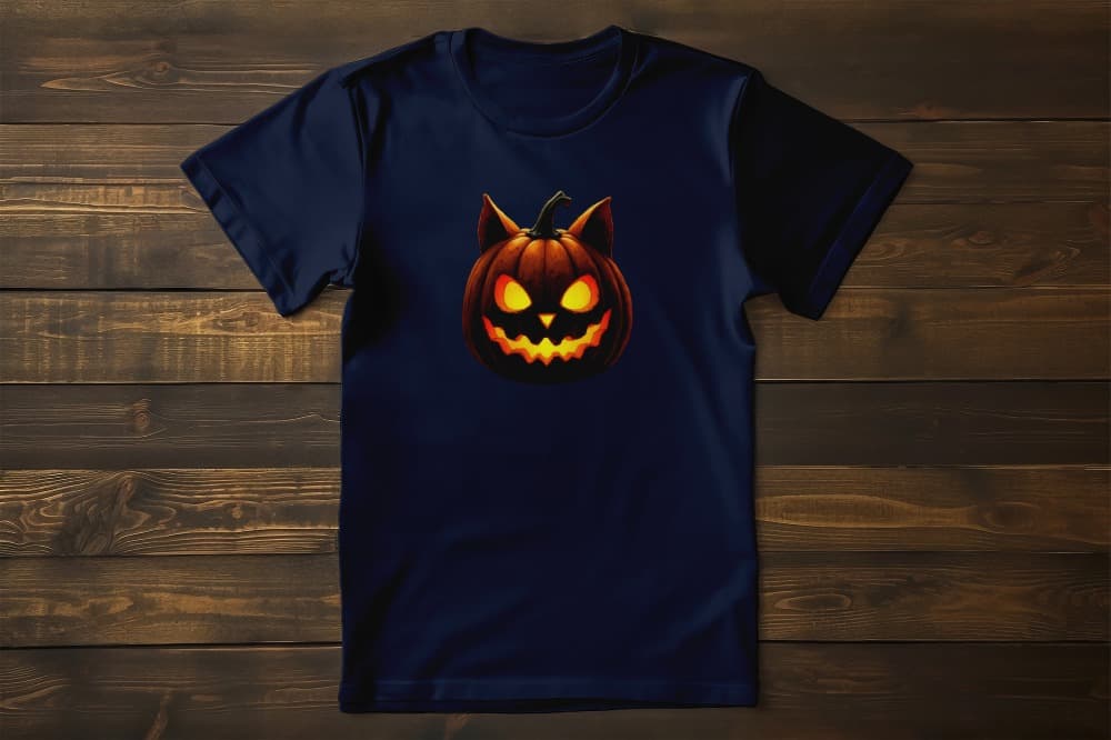 Flat lay of unisex premium Cat-O’-Lantern Tomcat t-shirt featuring Halloween pumpkin cat face with glowing eyes