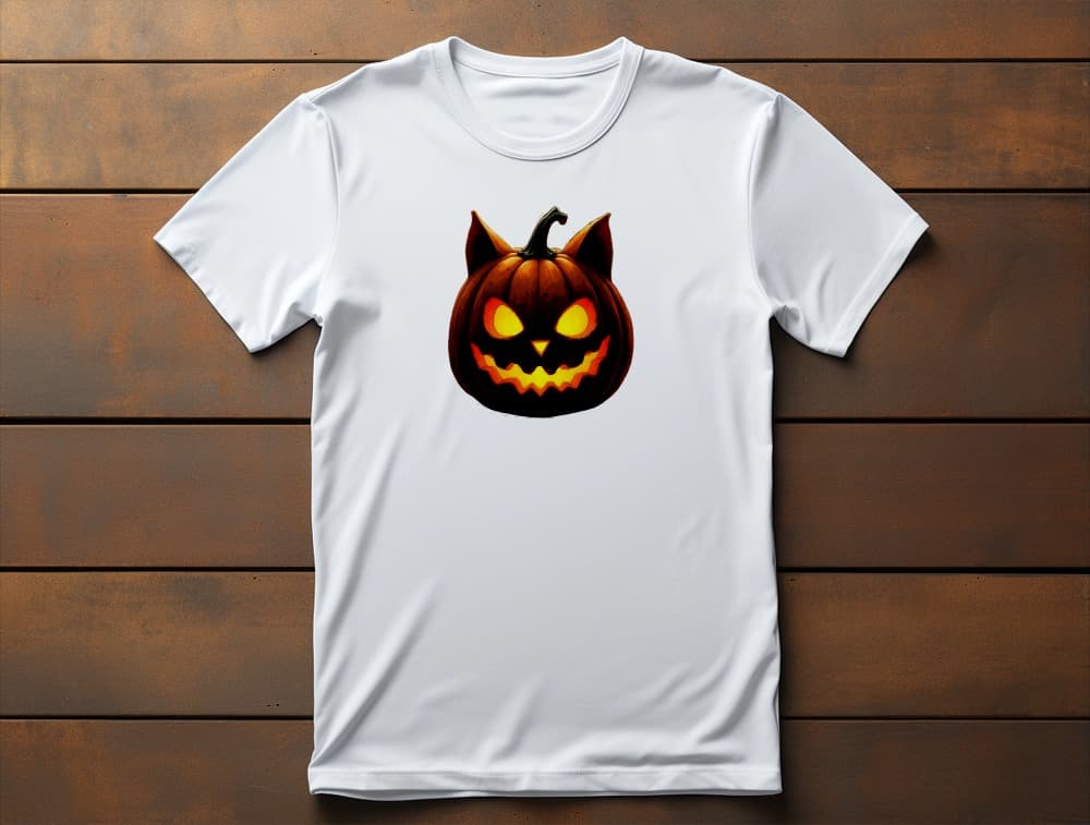 Flat lay of unisex premium Cat-O’-Lantern Tomcat t-shirt featuring Halloween pumpkin cat face with glowing eyes