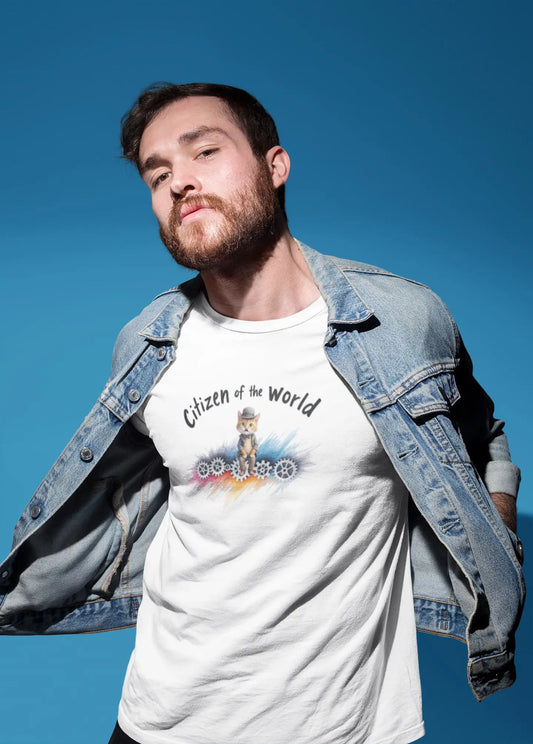 Model wearing Citizen of the World T-Shirt – unisex premium tee featuring a cat in a bowler hat and tie, inspired by Chaplin’s Modern Times with a feline twist.