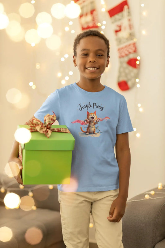 Model wearing Jingle Purrs Christmas Cat Lover T-Shirt – unisex premium tee featuring funny orange cat tangled in Christmas lights."