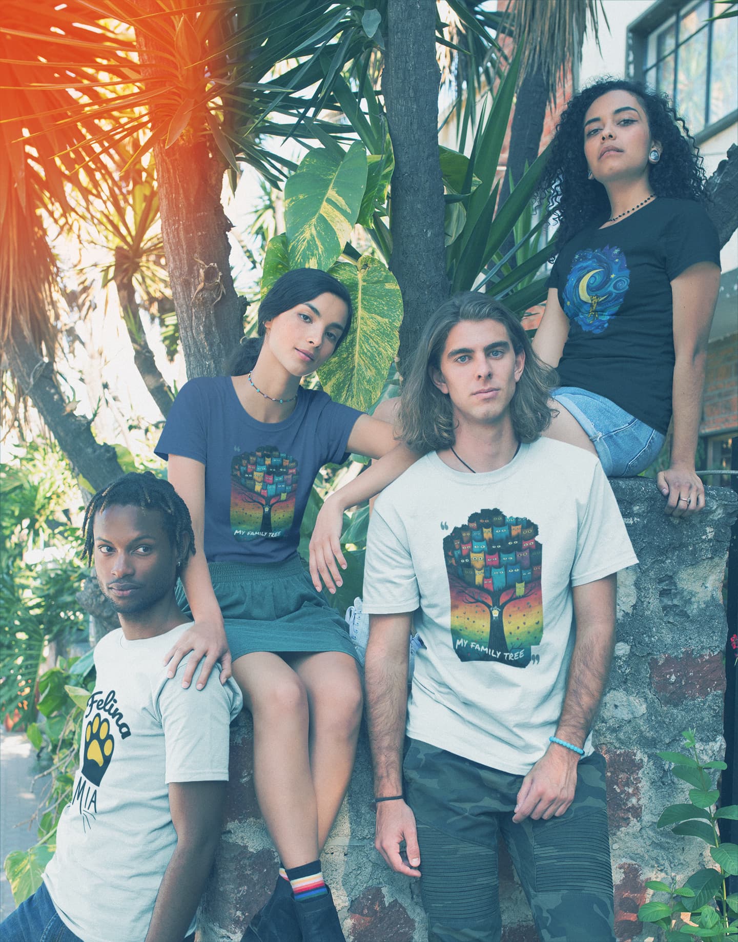 Model wearing My Family Tree cat graphic tee with colorful feline family tree artwork, casual unisex premium t-shirt
