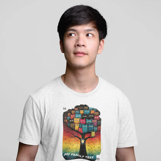 Mockup of My Family Tree cat t-shirt featuring colorful feline family graphic design on unisex premium tee