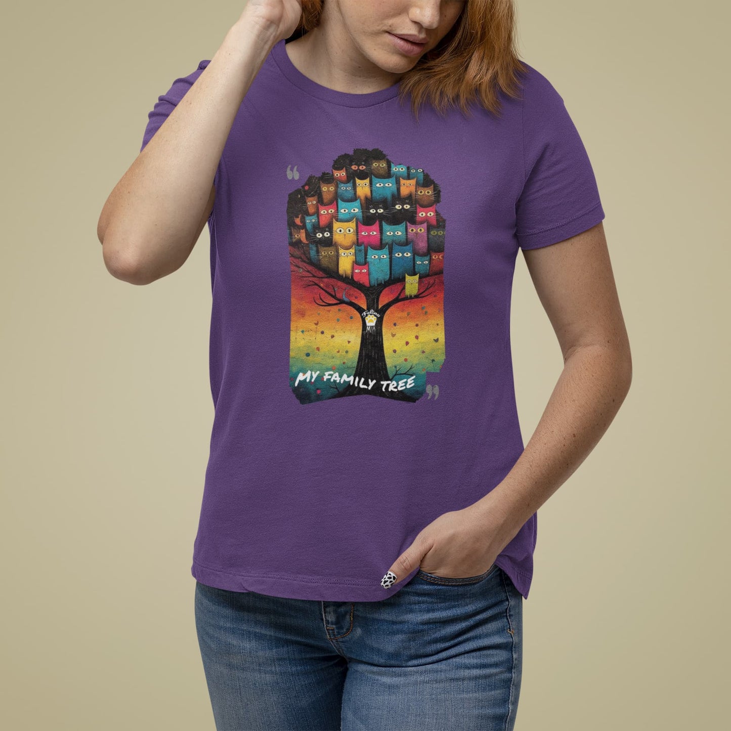 Model wearing My Family Tree cat graphic tee with colorful feline family tree artwork, casual Classic Women’s t-shirt