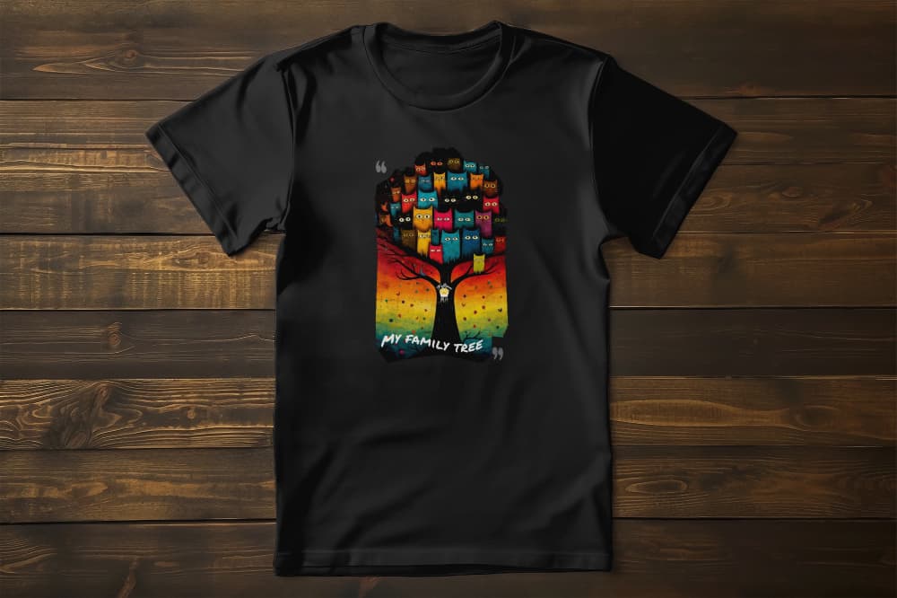 Flat lay of My Family Tree unisex premium cat t-shirt showing vibrant family tree with cats in different colors and personalities