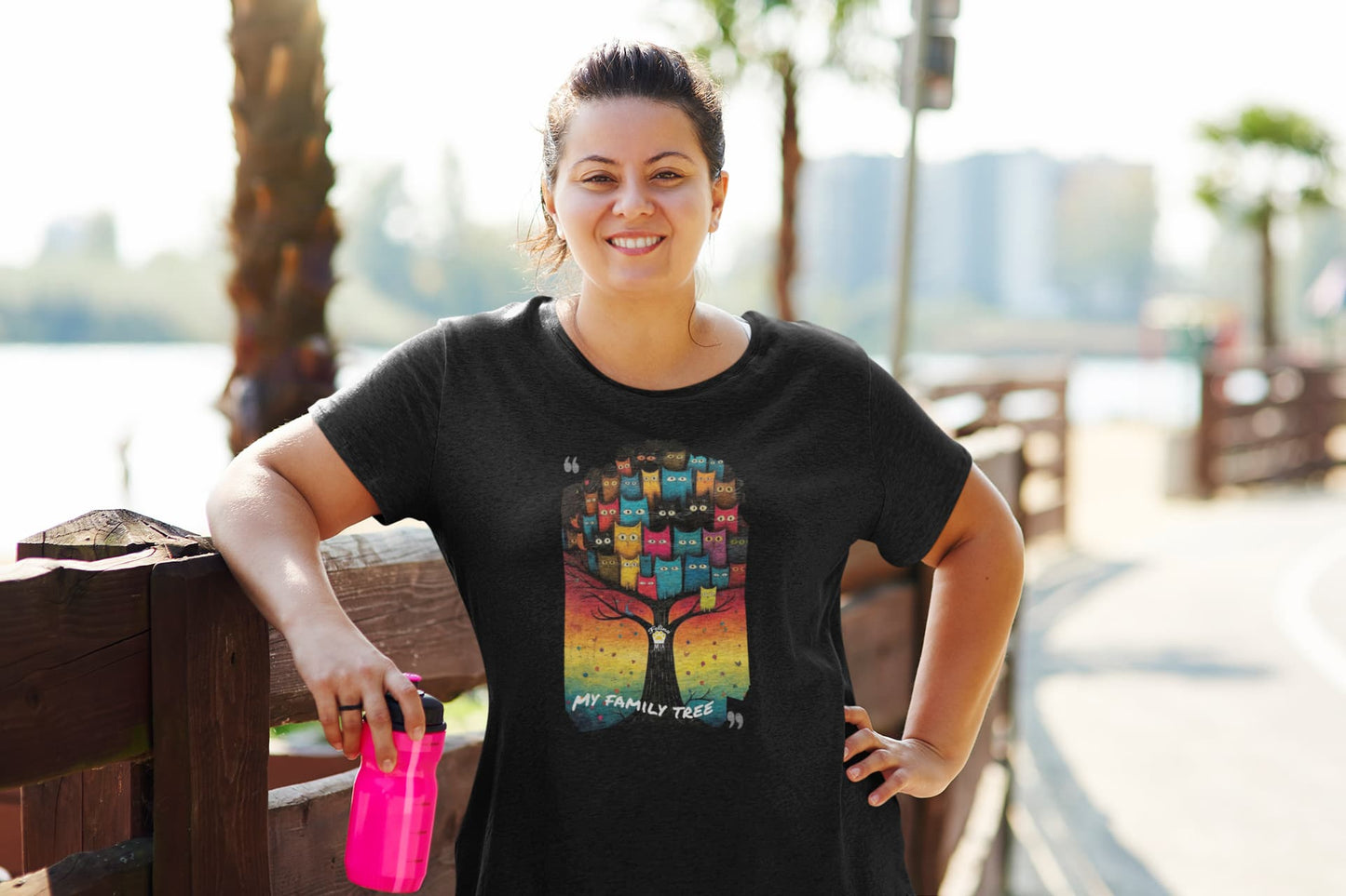 Mockup of My Family Tree cat t-shirt featuring colorful feline family graphic design on Classic Women’s tee