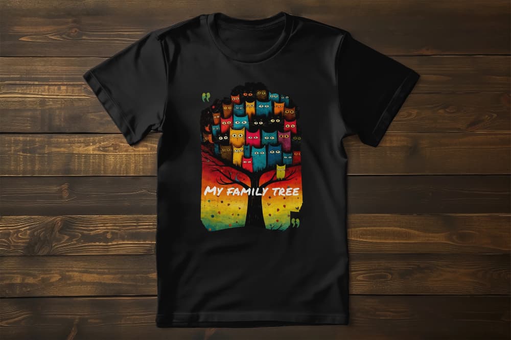 Flat lay of My Family Tree unisex premium cat t-shirt showing vibrant family tree with cats in different colors and personalities