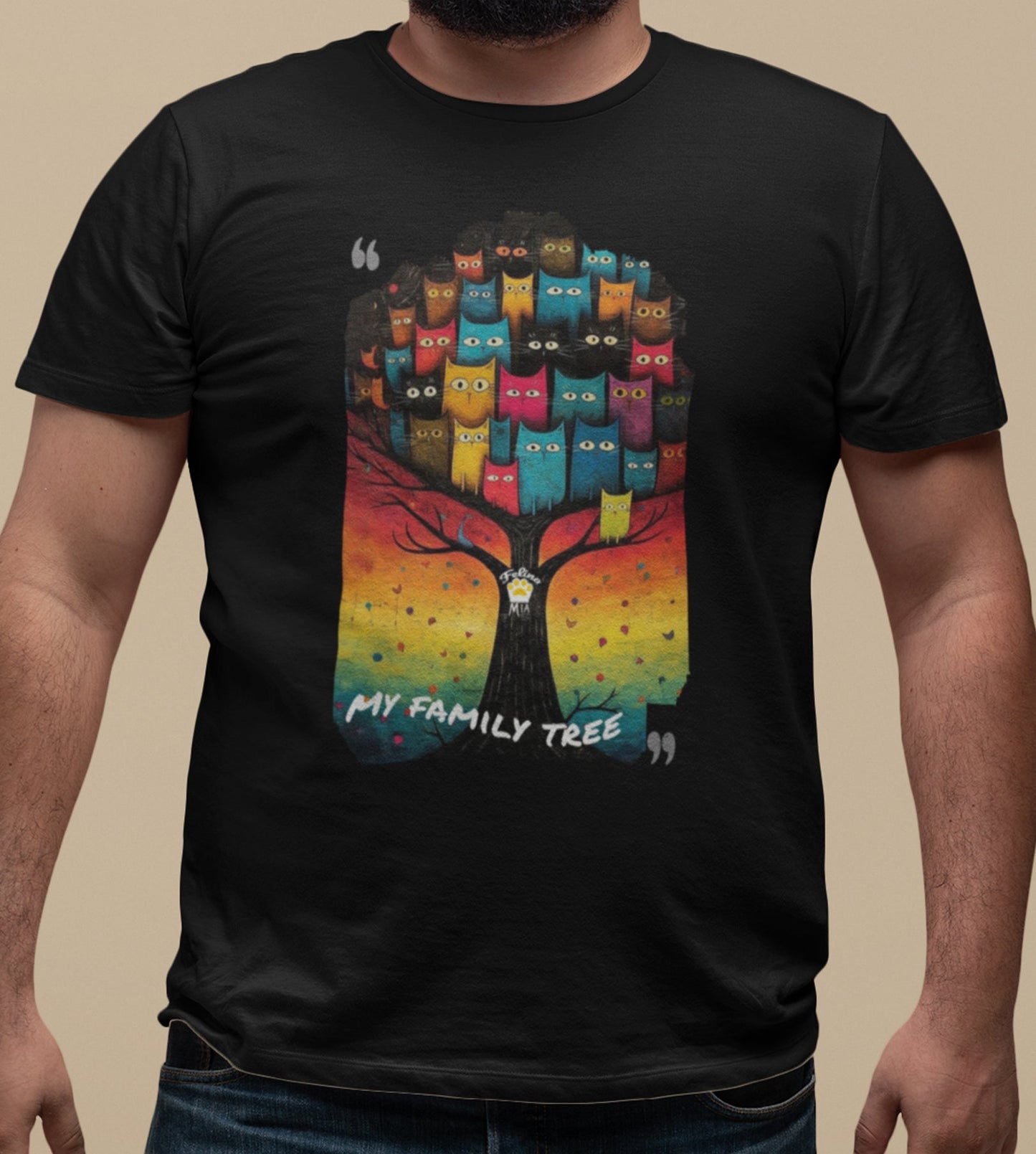 Close-up of My Family Tree t-shirt design highlighting colorful cats of various shapes and shades arranged like a family tree