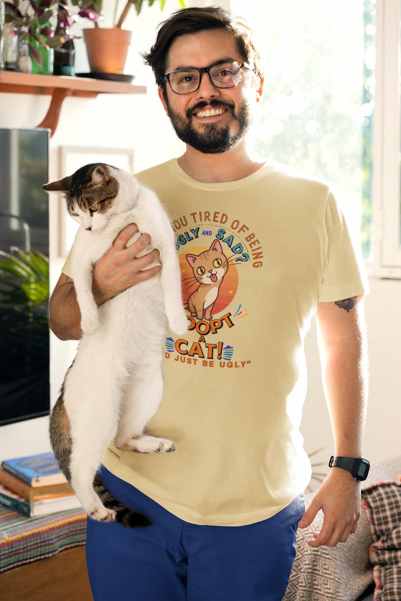 Model wearing Funny Sarcastic Cat vintage graphic tee with humorous slogan Adopt a Cat and Just Be Ugly