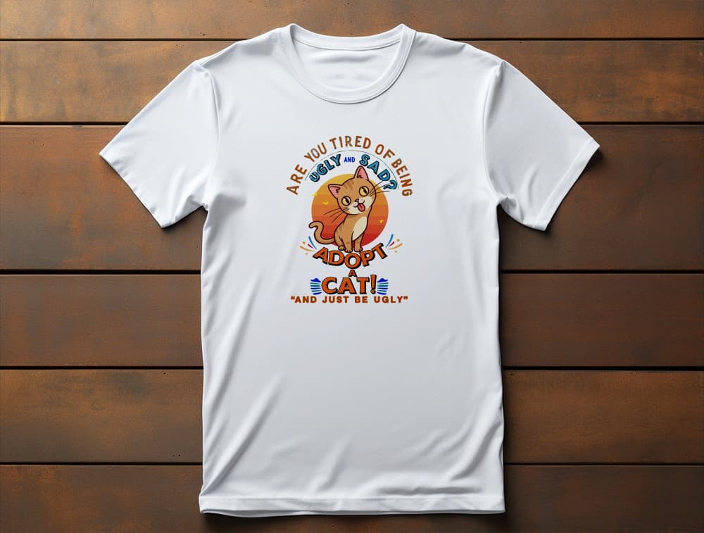 Flat lay of Funny Sarcastic Cat t-shirt featuring tongue-out cat under the sun with sarcastic quote Adopt a Cat