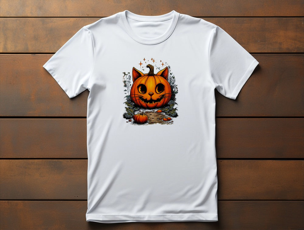 Flat lay of classic women’s Cat-O’-Lantern Kittycat t-shirt featuring pumpkin cat face with ears, whiskers, and cozy smile