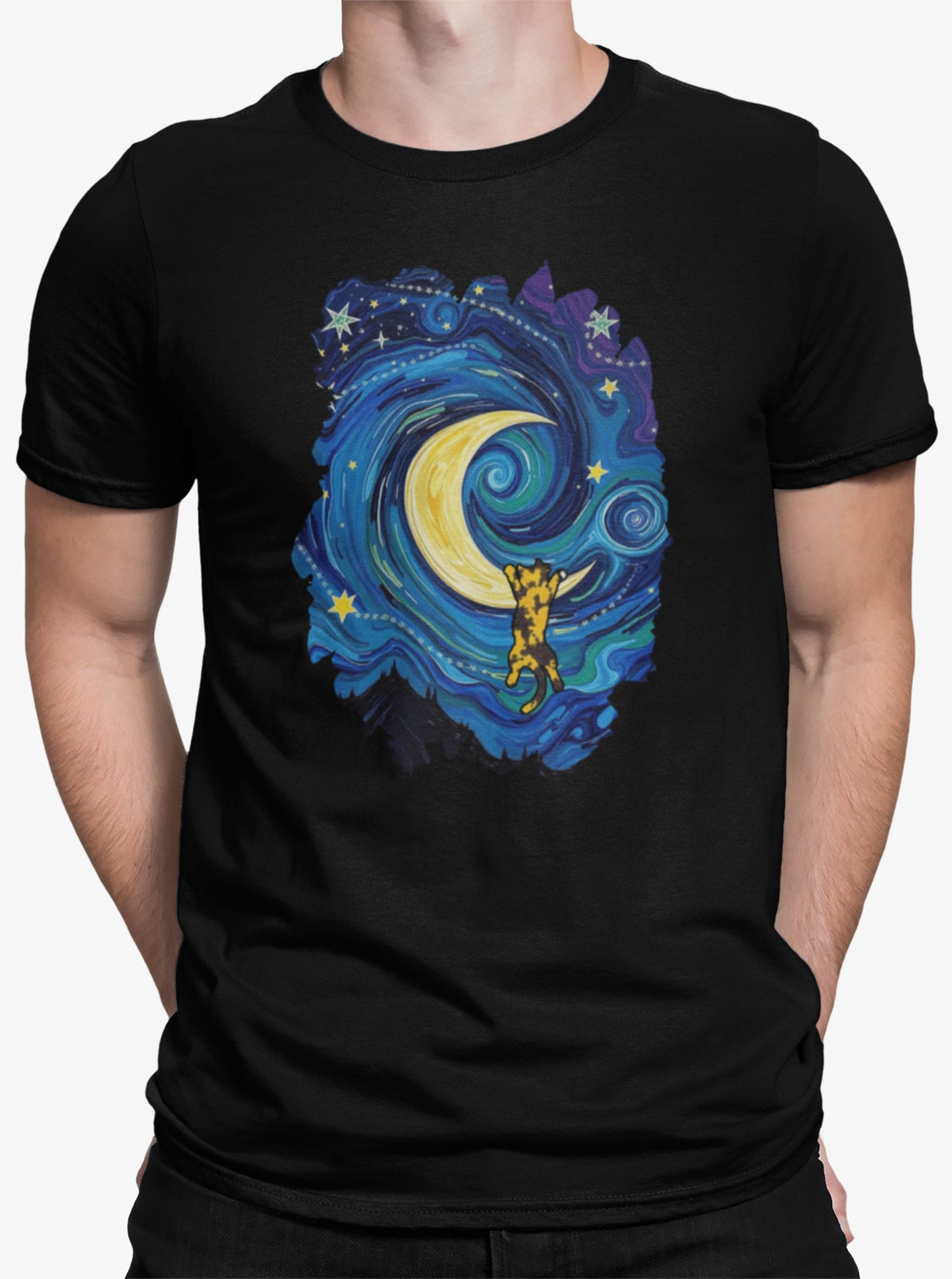 Close-up of The Starry Meownight t-shirt design showing whimsical cat climbing toward glowing moon in Van Gogh style sky