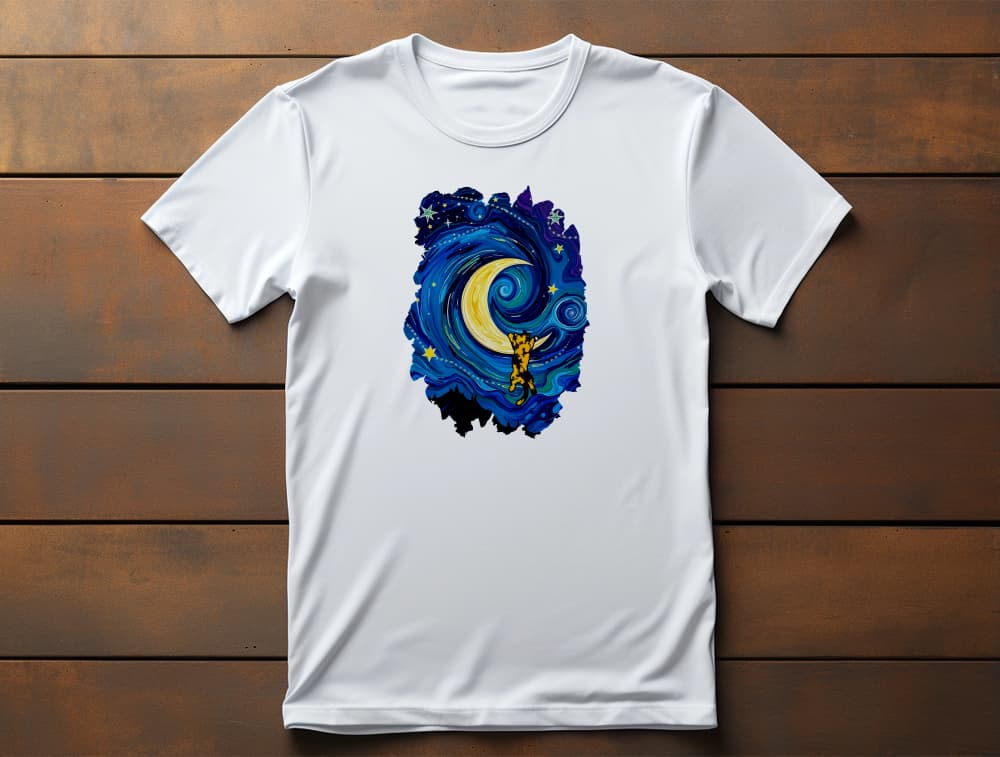 Flat lay of The Starry Meownight unisex premium cat t-shirt featuring Van Gogh starry night style artwork with adventurous kitty