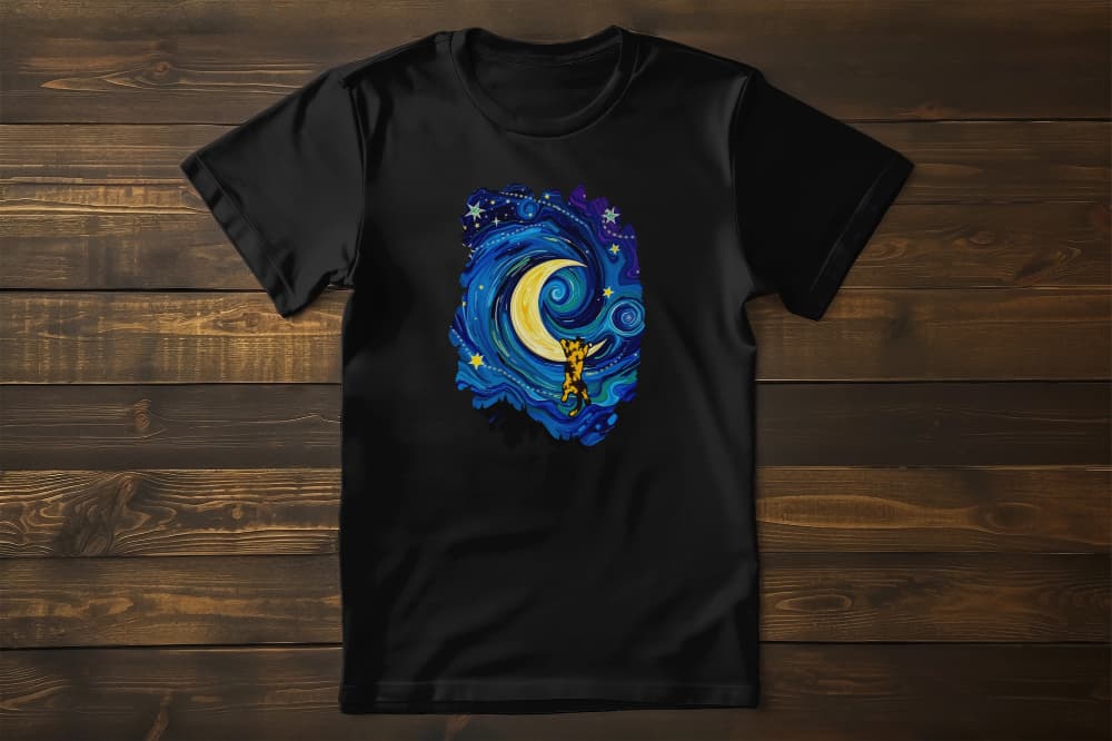 Flat lay of The Starry Meownight unisex premium cat t-shirt featuring Van Gogh starry night style artwork with adventurous kitty