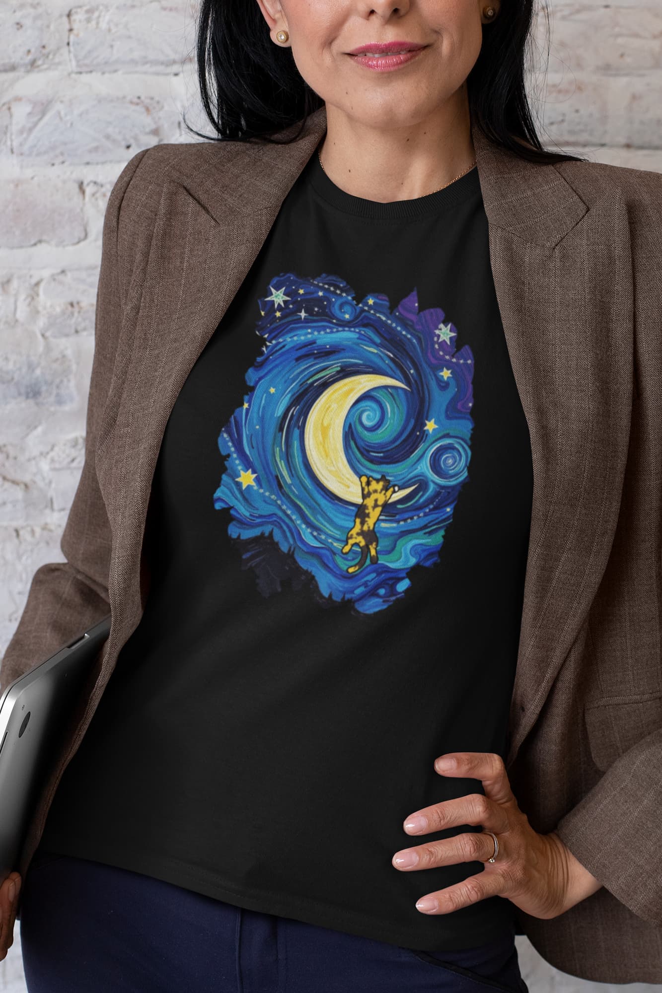 Model wearing The Starry Meownight Van Gogh inspired cat t-shirt, Classic Women’s graphic tee with swirling starry sky design