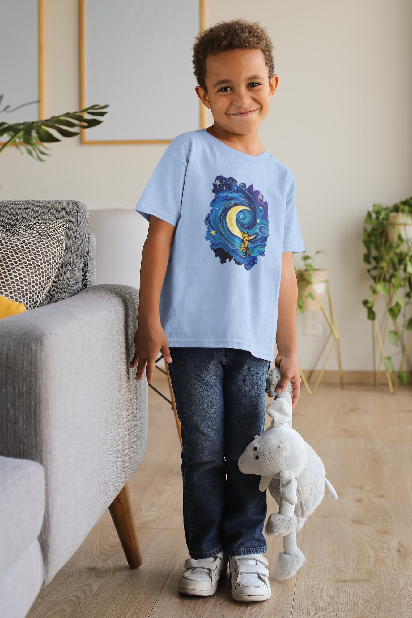 Model wearing The Starry Meownight Van Gogh inspired cat t-shirt, unisex premium graphic tee with swirling starry sky design