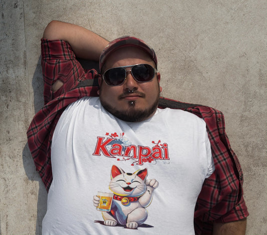 Model wearing Kanpai Maneki Beer T-Shirt – unisex premium tee with Maneki-neko holding beer mug, fishbone tattoo, and bold 'Kanpai' text.