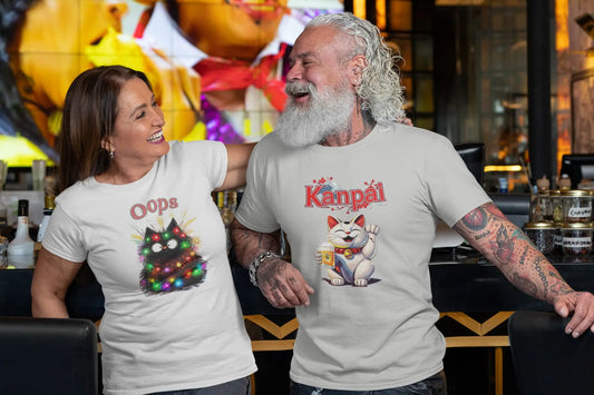 Model wearing Kanpai Maneki Beer T-Shirt – unisex premium tee with Maneki-neko holding beer mug, fishbone tattoo, and bold 'Kanpai' text.