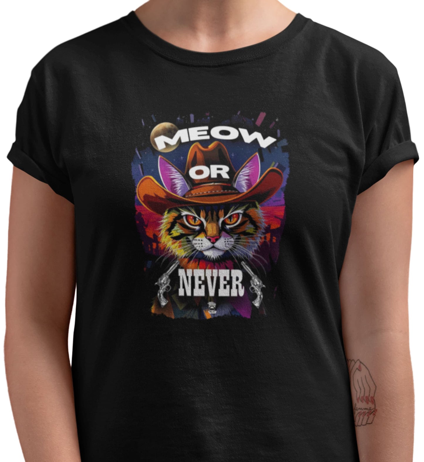 Close-up of Meow Or Never Cowboy Cat T-Shirt design – cat with cowboy hat in vintage western style.