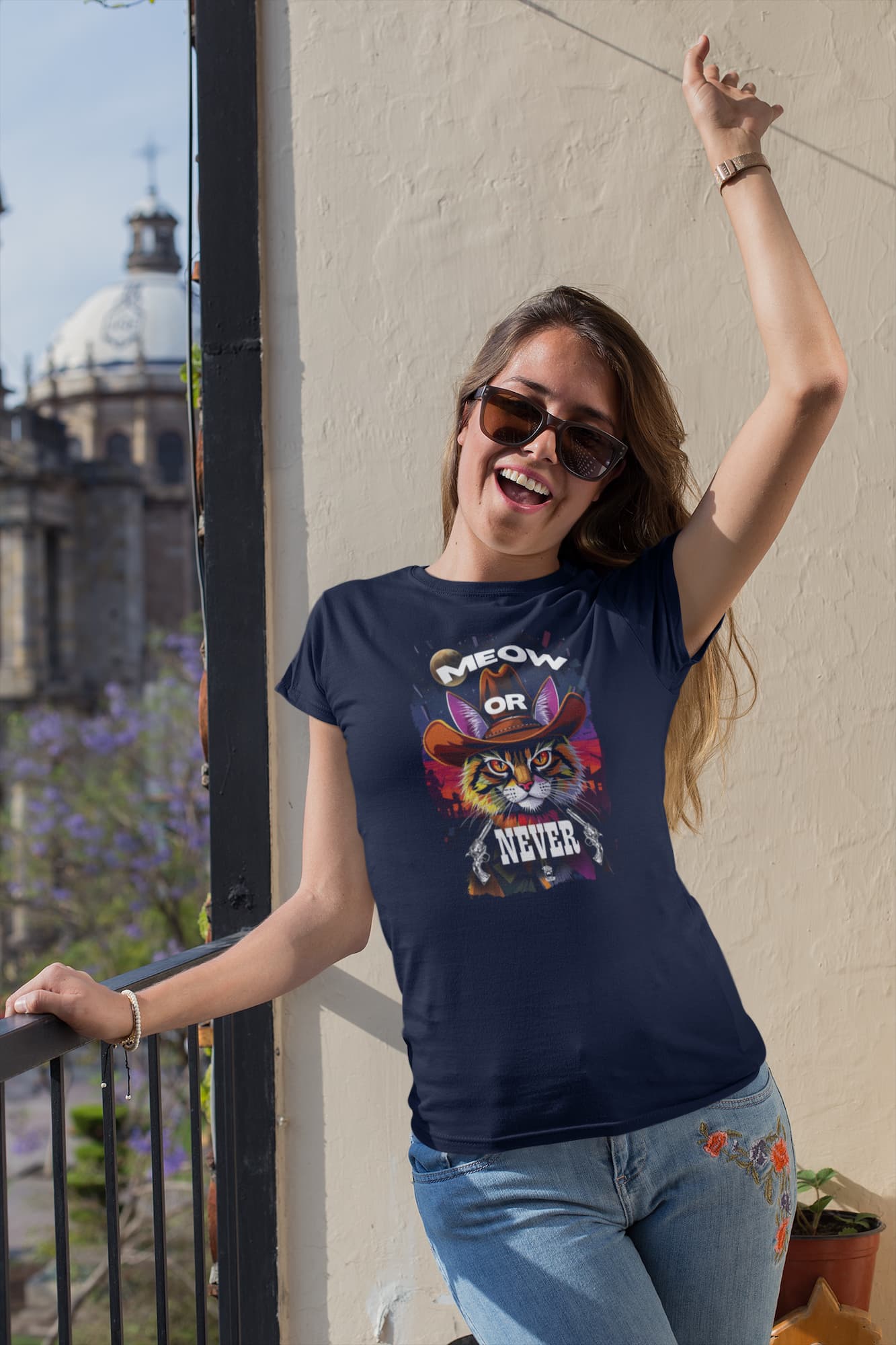 Western style outfit featuring the Cowboy Cat T-Shirt – Meow Or Never design with playful feline cowboy graphic.