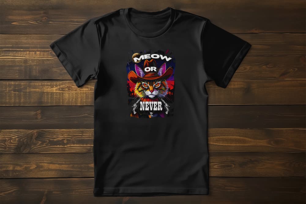 Cowboy Cat T-Shirt – Meow Or Never Western Tee featuring bold cowboy cat artwork on premium unisex shirt.