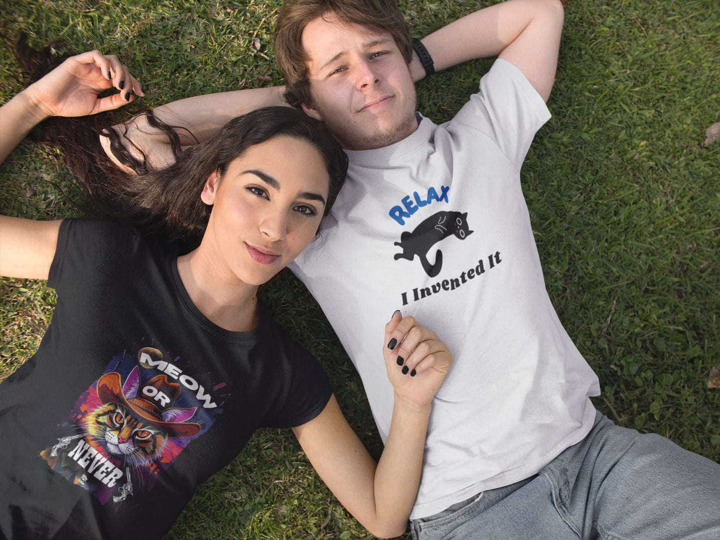 Western style outfit featuring the Cowboy Cat T-Shirt – Meow Or Never design with playful feline cowboy graphic.