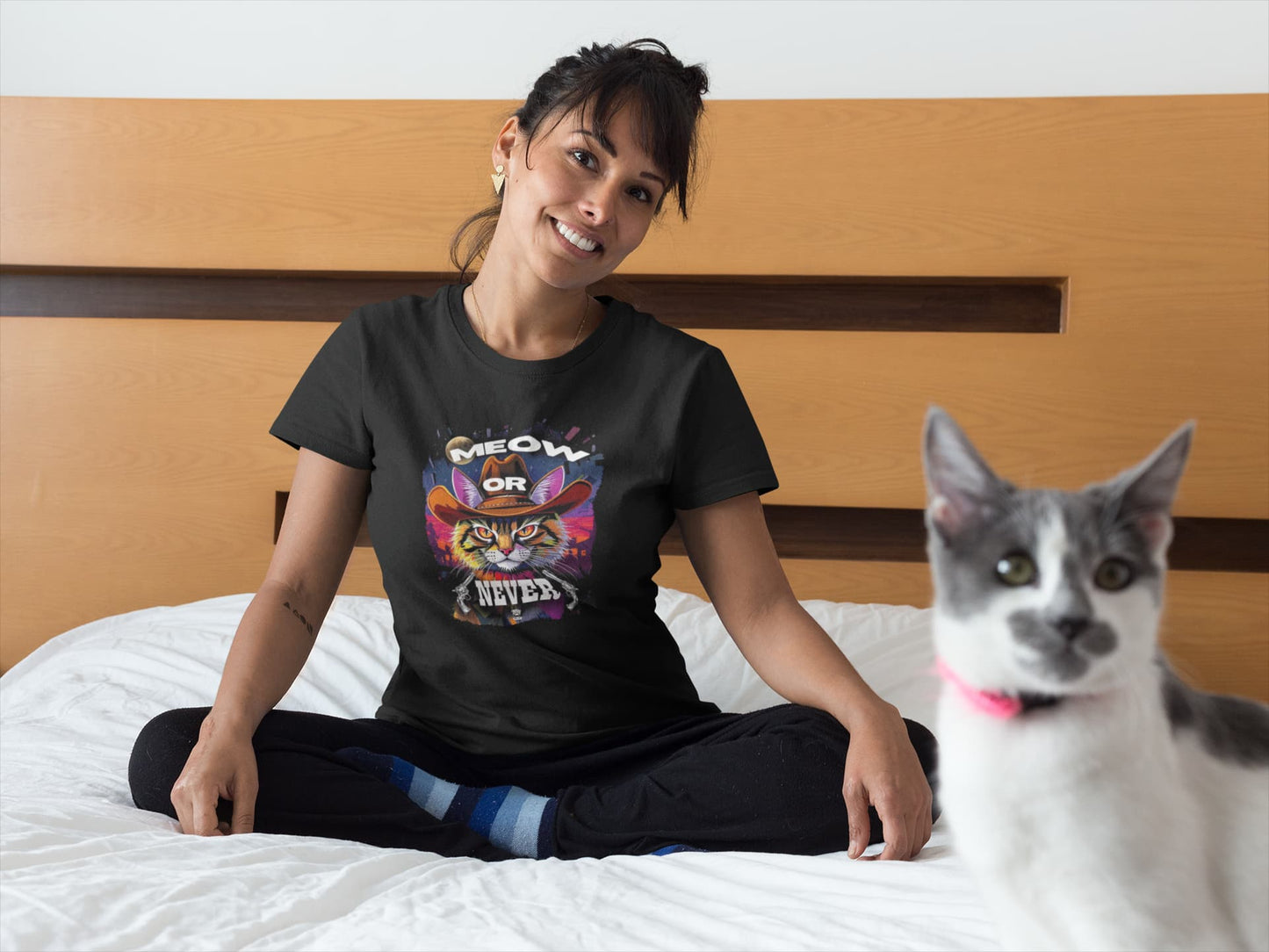 Model wearing the Cowboy Cat T-Shirt – Meow Or Never Western Tee with fearless cowboy cat design, unisex premium fit.