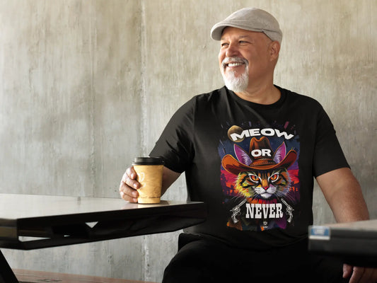 Model wearing the Cowboy Cat T-Shirt – Meow Or Never Western Tee with fearless cowboy cat design, unisex premium fit.