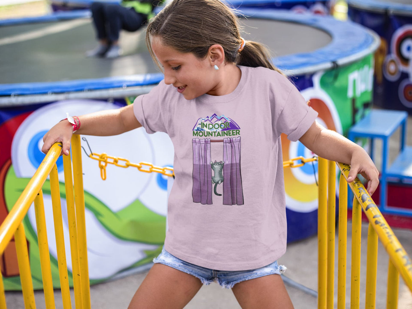 Funny lifestyle look featuring Indoor Mountaineer Cat T-Shirt with adventurous curtain-climbing cat design.