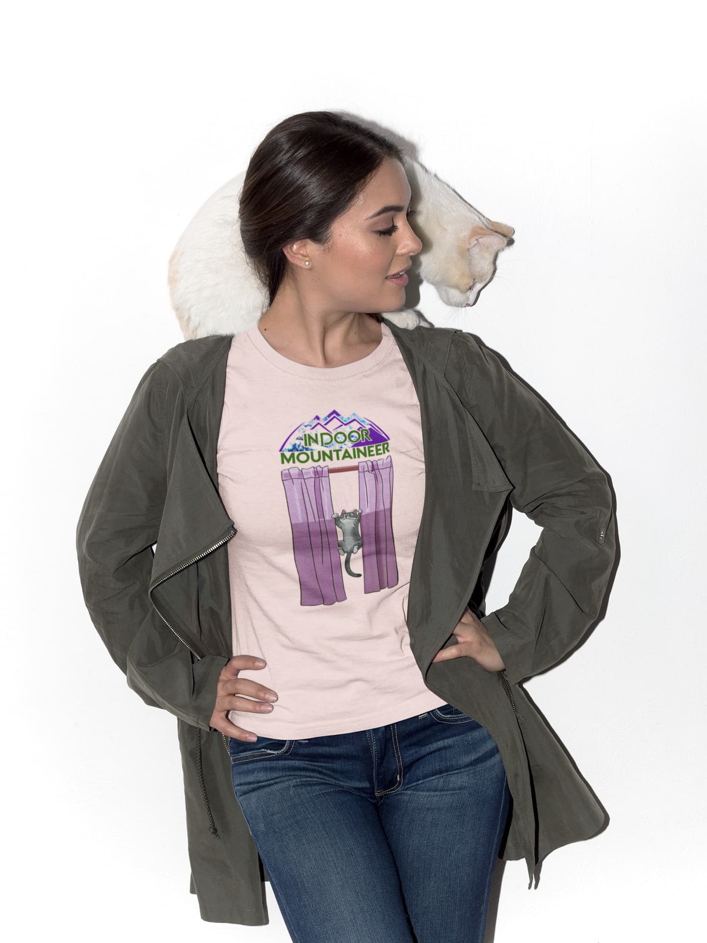 Funny lifestyle look featuring Indoor Mountaineer Cat T-Shirt with adventurous curtain-climbing cat design.