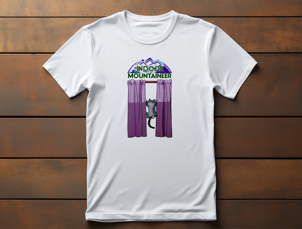 Indoor Mountaineer Cat T-Shirt – hilarious cat climbing curtains graphic, premium unisex shirt.