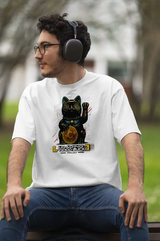 Model wearing Maneki Cyber T-Shirt – unisex premium tee with cyberpunk black Maneki-neko holding golden Catcoin and 'Loading Good Luck' text.