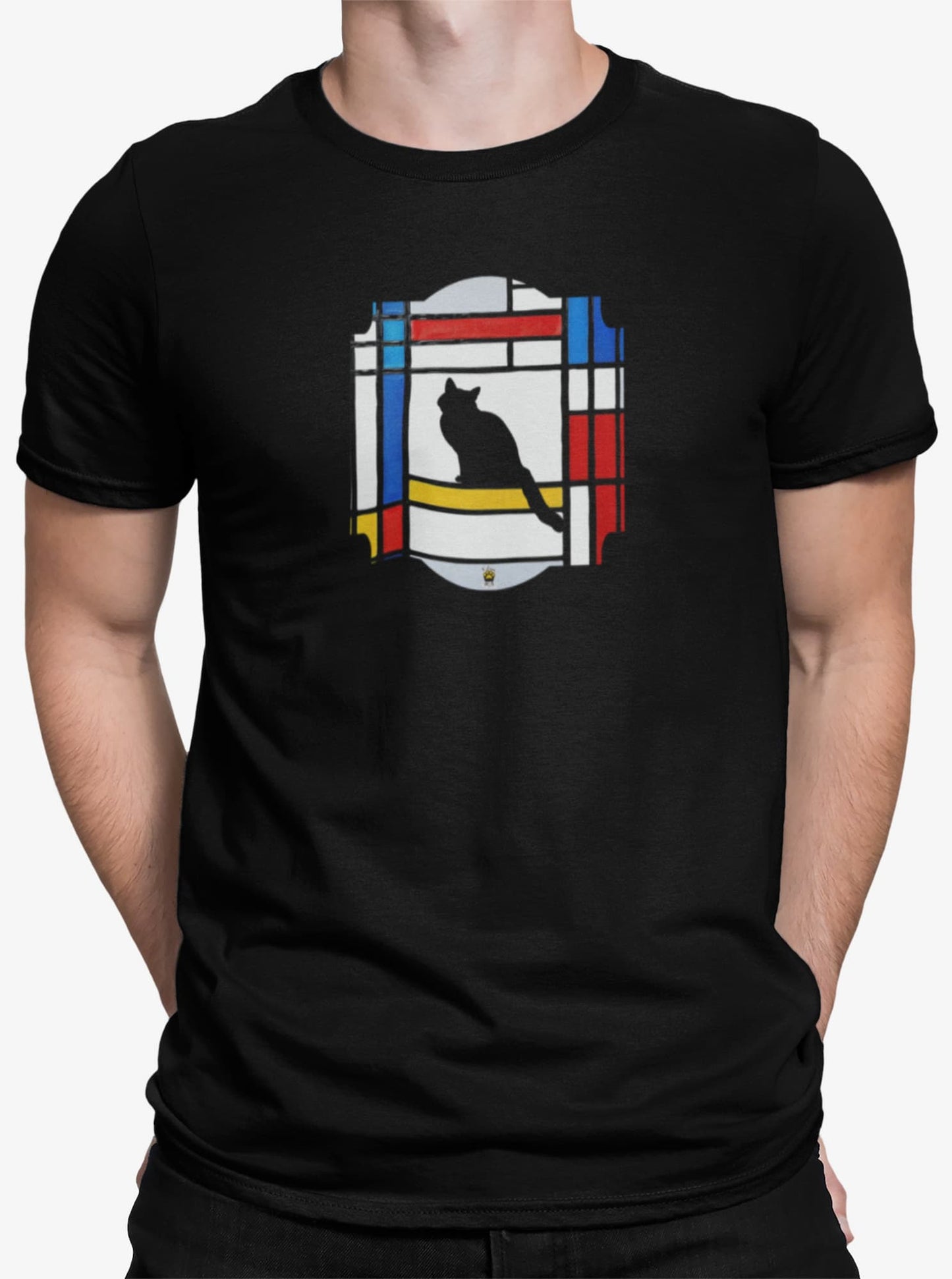 Close-up of Meowdrian t-shirt design showing abstract cat framed in Mondrian style red, blue, yellow geometric blocks