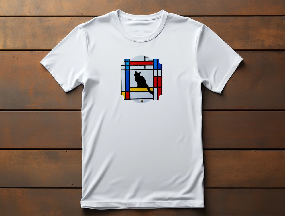 Flat lay of Meowdrian unisex premium cat t-shirt featuring Mondrian style geometric red, blue, yellow blocks with cat illustration