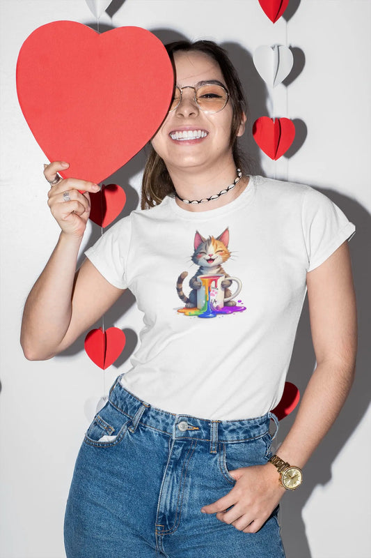 Model wearing Pride Paws T-Shirt – unisex premium tee featuring a colorful cat holding a rainbow coffee mug, symbolizing pride and positivity.
