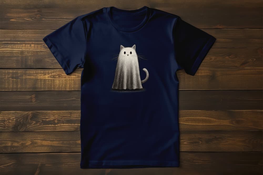 Flat lay of classic women’s Whiskered Phantom t-shirt featuring ghostly cat silhouette with ears and whiskers in vintage graphite style