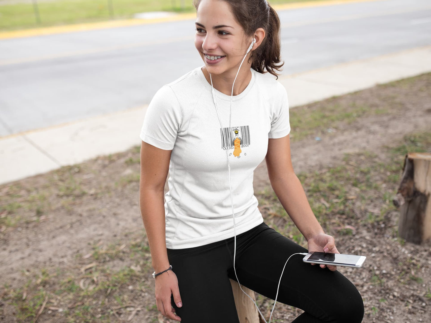 Casual lifestyle look featuring Not For Sale Cat T-Shirt with witty barcode cat paw design.