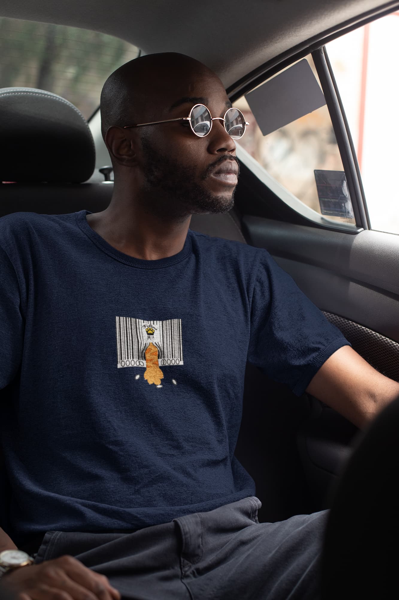 Model wearing Not For Sale Cat T-Shirt – minimalist barcode design with playful cat paw, unisex premium tee.