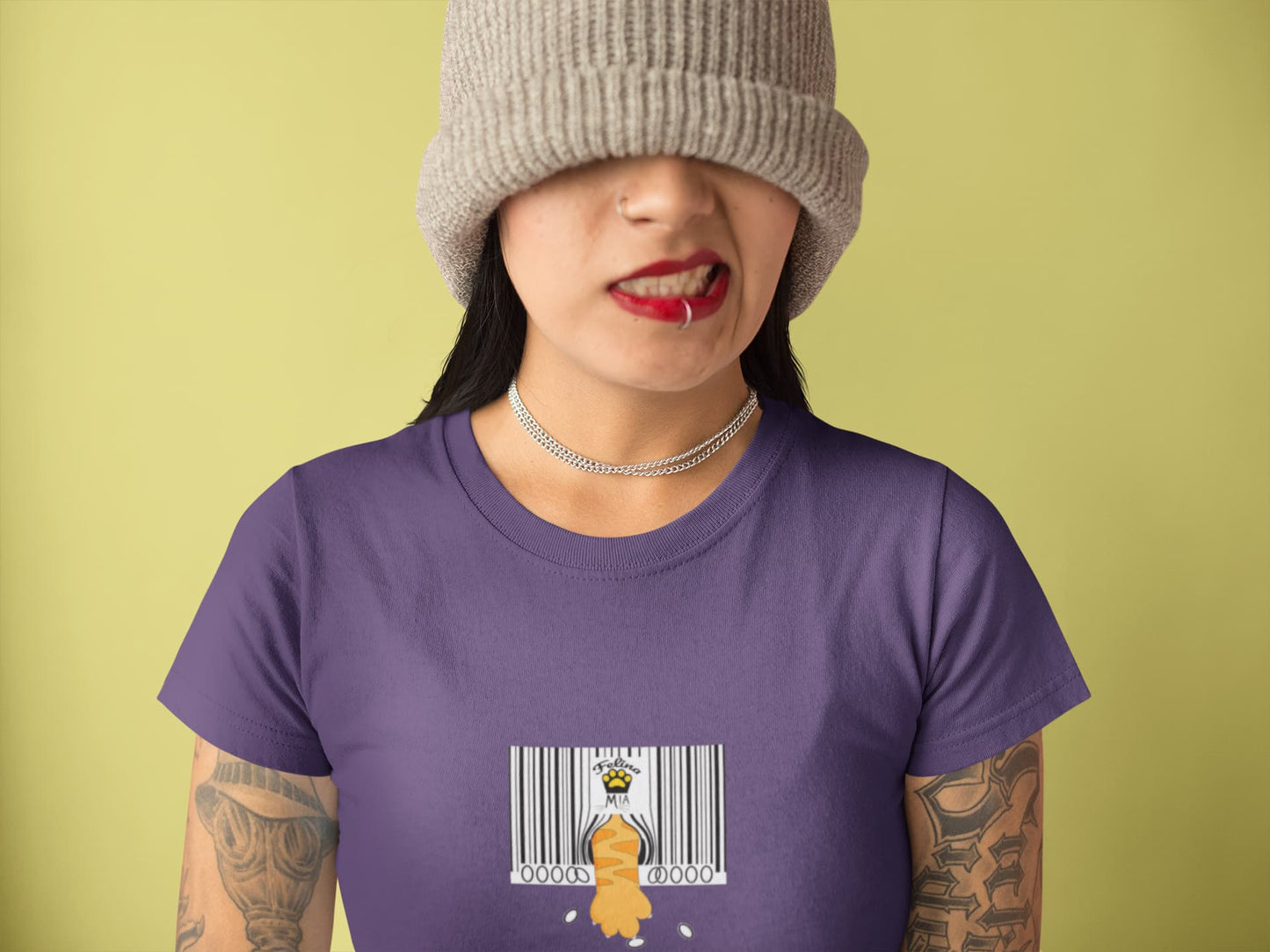 Casual lifestyle look featuring Not For Sale Cat T-Shirt with witty barcode cat paw design.