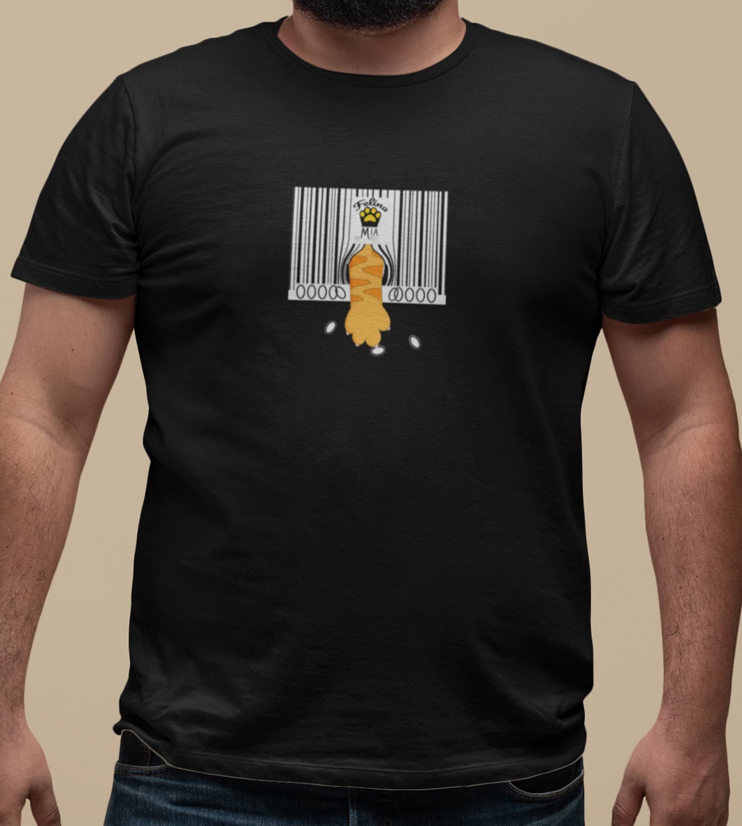 Close-up of Not For Sale Cat T-Shirt – minimalist barcode interrupted by curious cat paw.