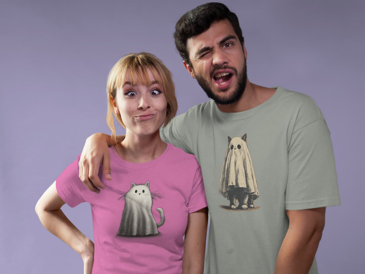 Model wearing classic women’s Cat-O’-Lantern Kittycat t-shirt with playful and artistic Halloween pumpkin cat design