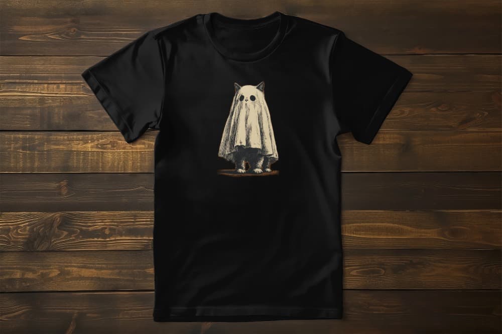 Flat lay of classic women’s Cat-O’-Lantern Kittycat t-shirt featuring pumpkin cat face with ears, whiskers, and cozy smile