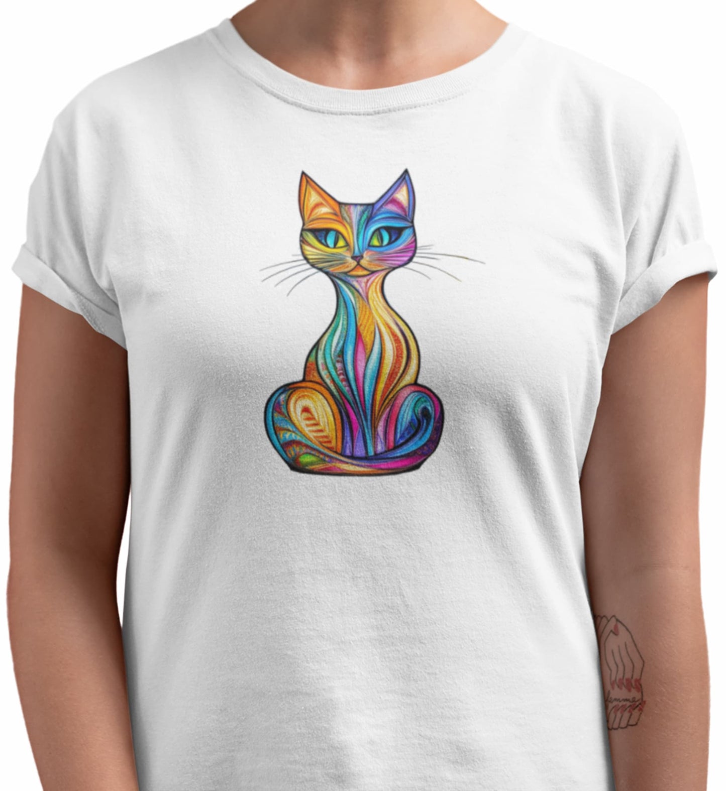 Close-up of Vitralcat t-shirt design showing vibrant stained glass cat artwork with rainbow tones