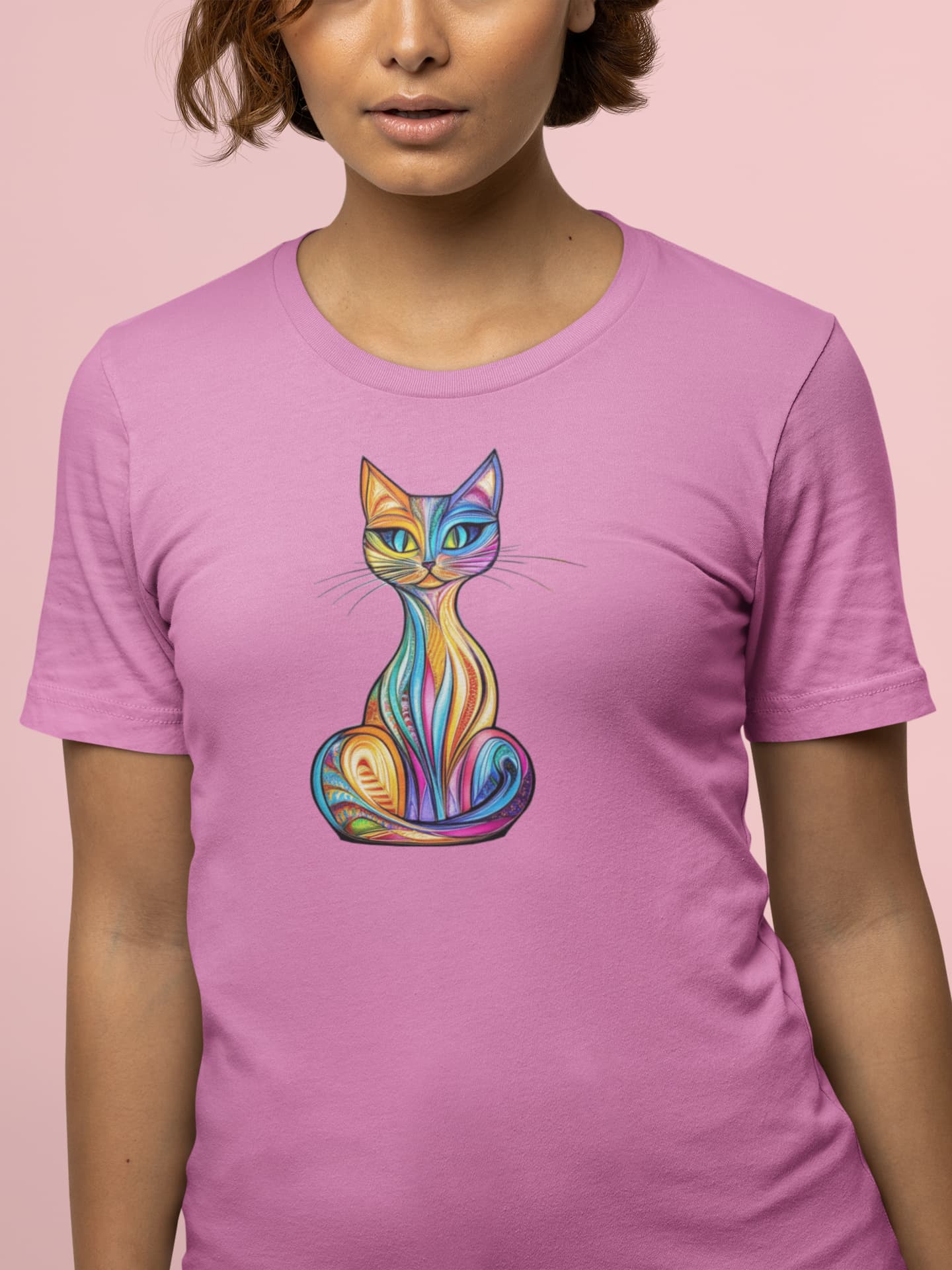 Model wearing Vitralcat colorful stained glass inspired cat t-shirt, artistic women’s graphic tee