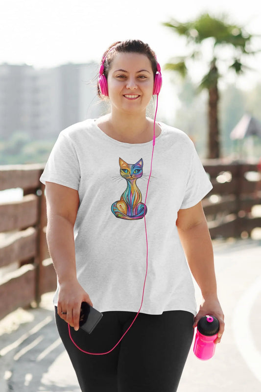 Mockup of Colorlight Cat stained glass inspired cat t-shirt, colorful artistic graphic tee for women