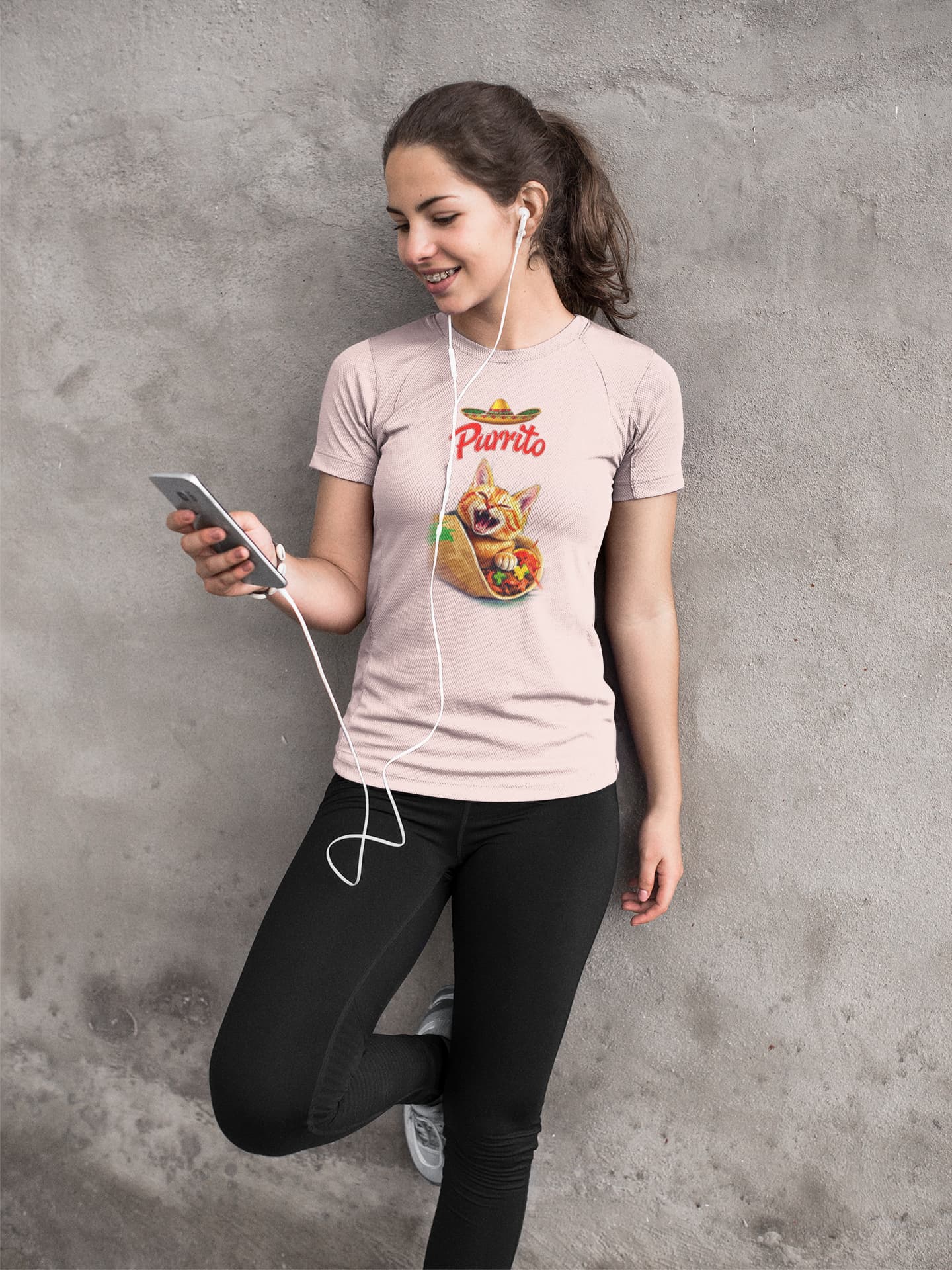 Casual lifestyle look with Purrito Cat T-Shirt – quirky foodie humor cat burrito design.