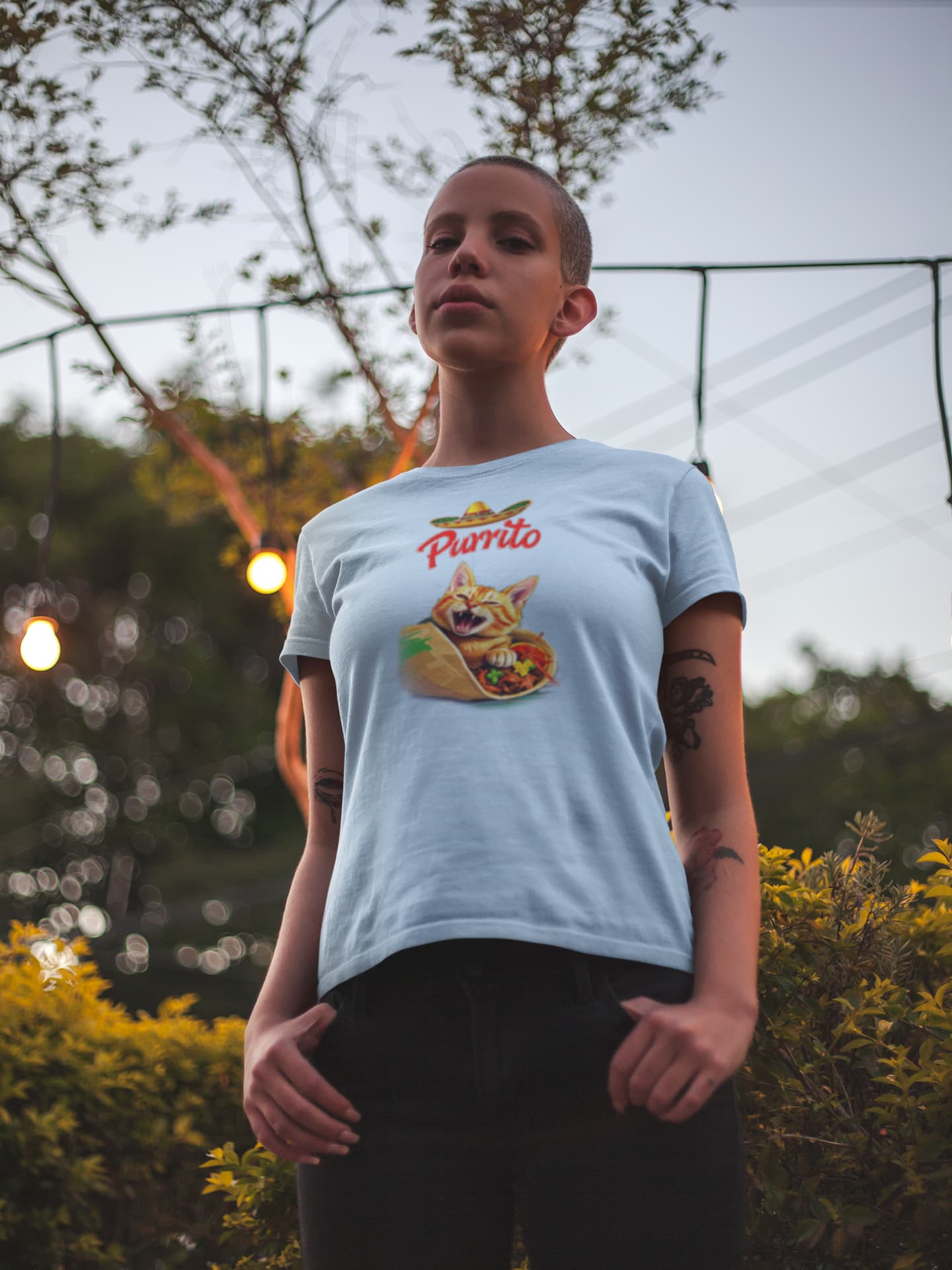 Casual lifestyle look with Purrito Cat T-Shirt – quirky foodie humor cat burrito design.