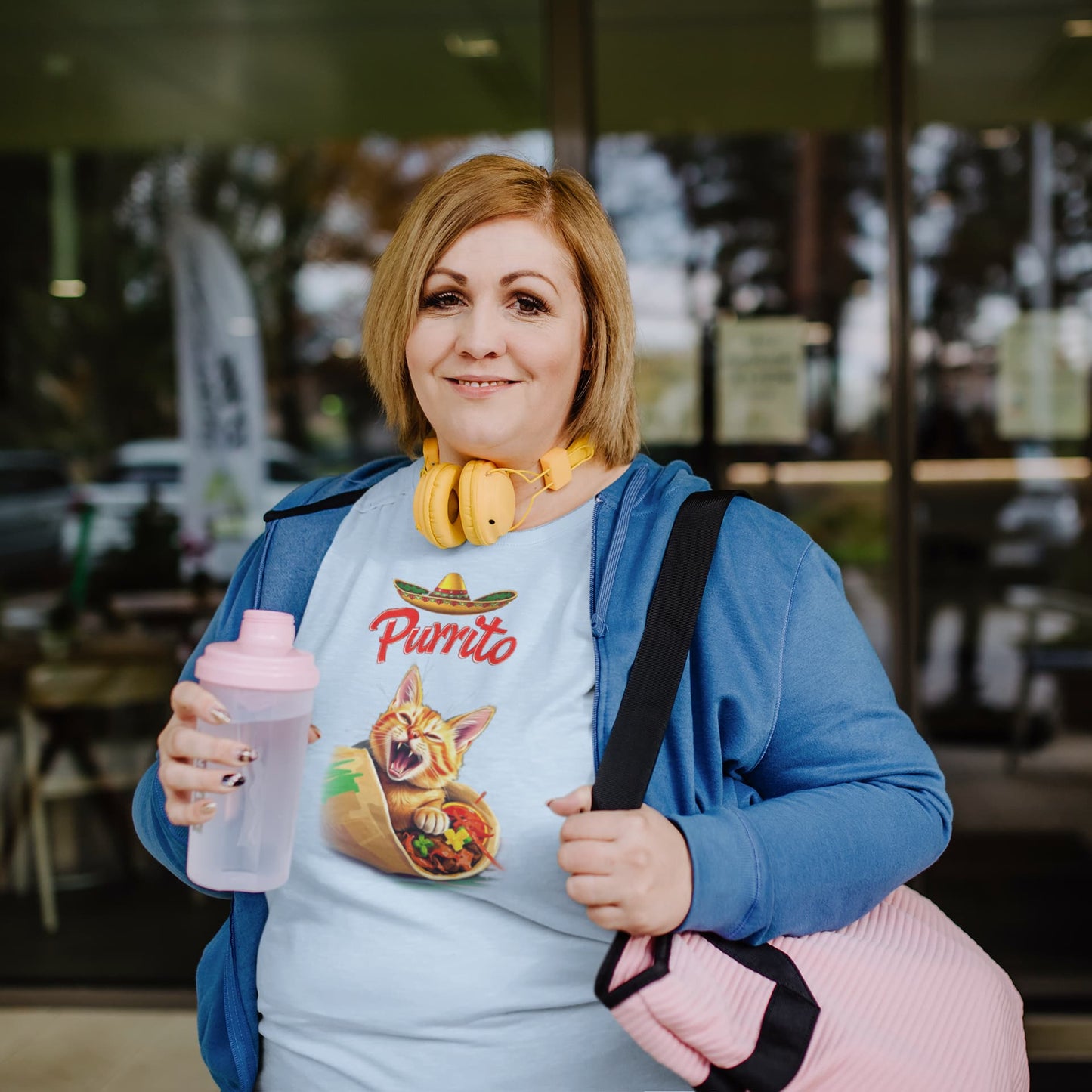 Casual lifestyle look with Purrito Cat T-Shirt – quirky foodie humor cat burrito design.
