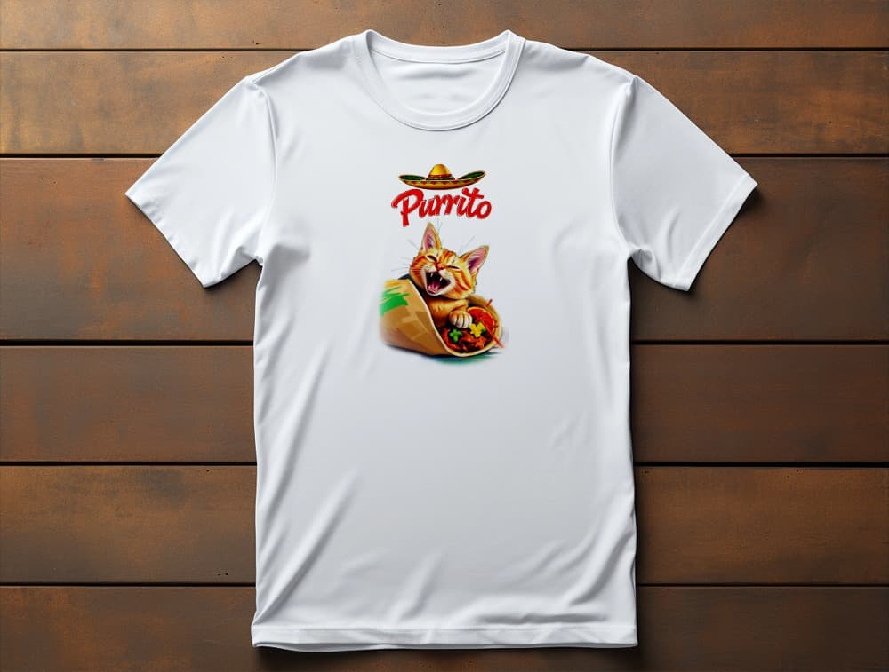 Purrito Cat T-Shirt – cheerful cat wrapped like a burrito wearing Mexican sombrero, unisex graphic shirt.