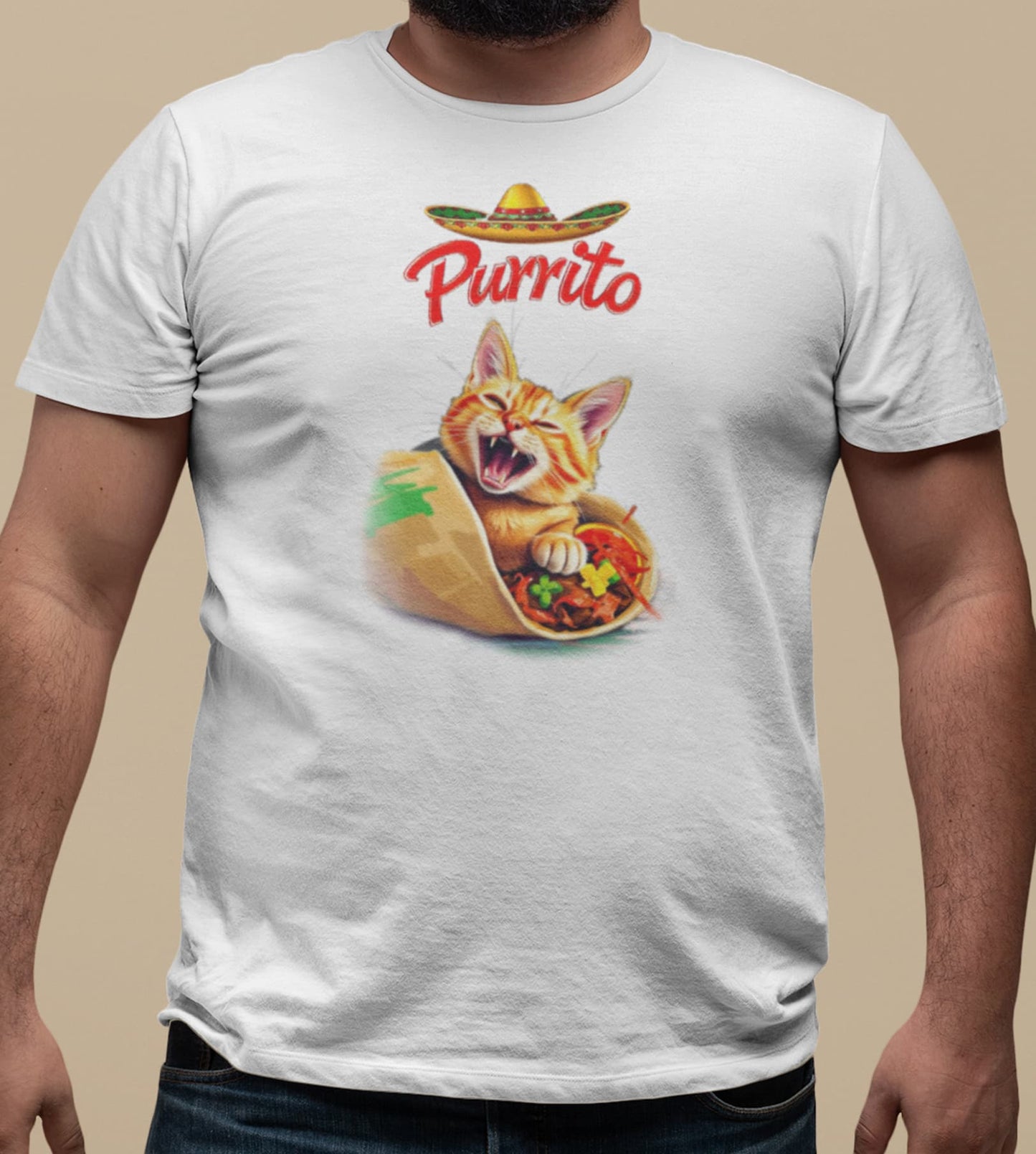 Close-up of Purrito Cat T-Shirt – funny cat burrito illustration with sombrero and spicy humor.