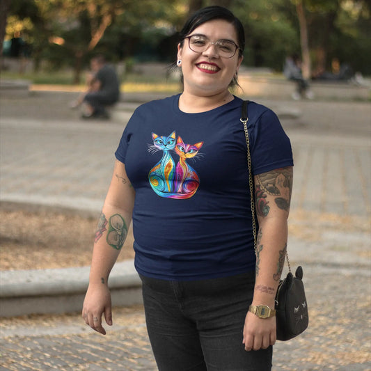 Mockup of Colorlight Double stained glass inspired two cats graphic t-shirt, colorful artistic design for women